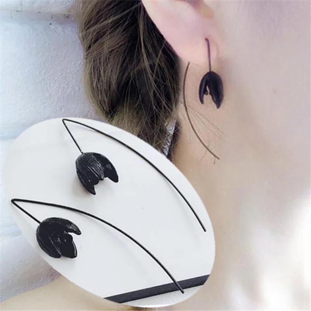 Handmade Black Wire Tulip Flower Earrings - Picture 2 of 6